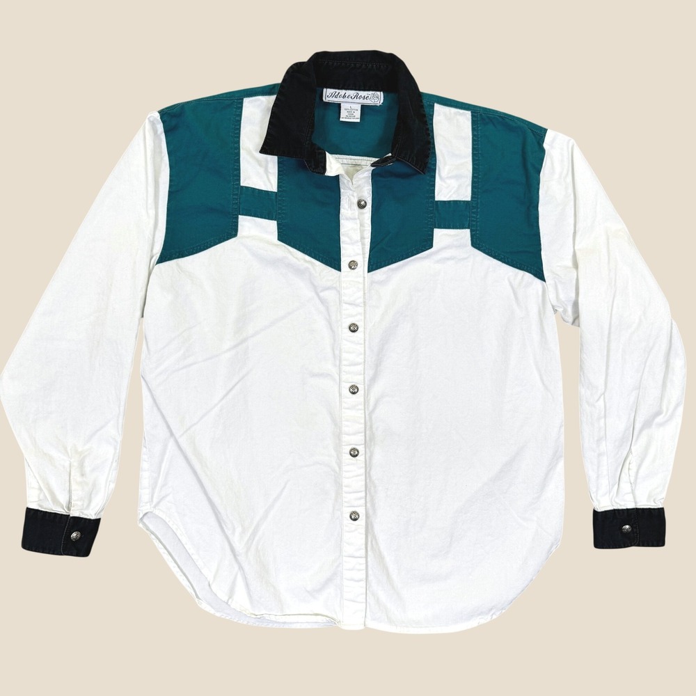 Vintage Adobe Rose Western Button Up Women L White Teal Southwestern Cowgirl Top
